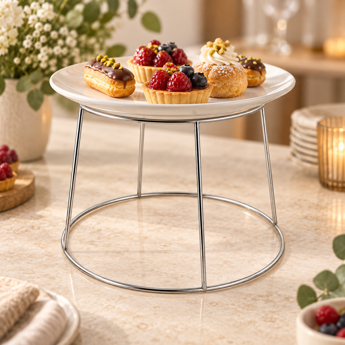 Bordenverhoger met serveerbord en gebak op een buffettafel