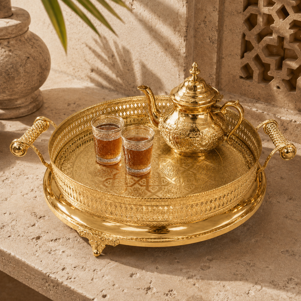 Gouden Marokkaans dienblad Fes met theepot en theeglazen