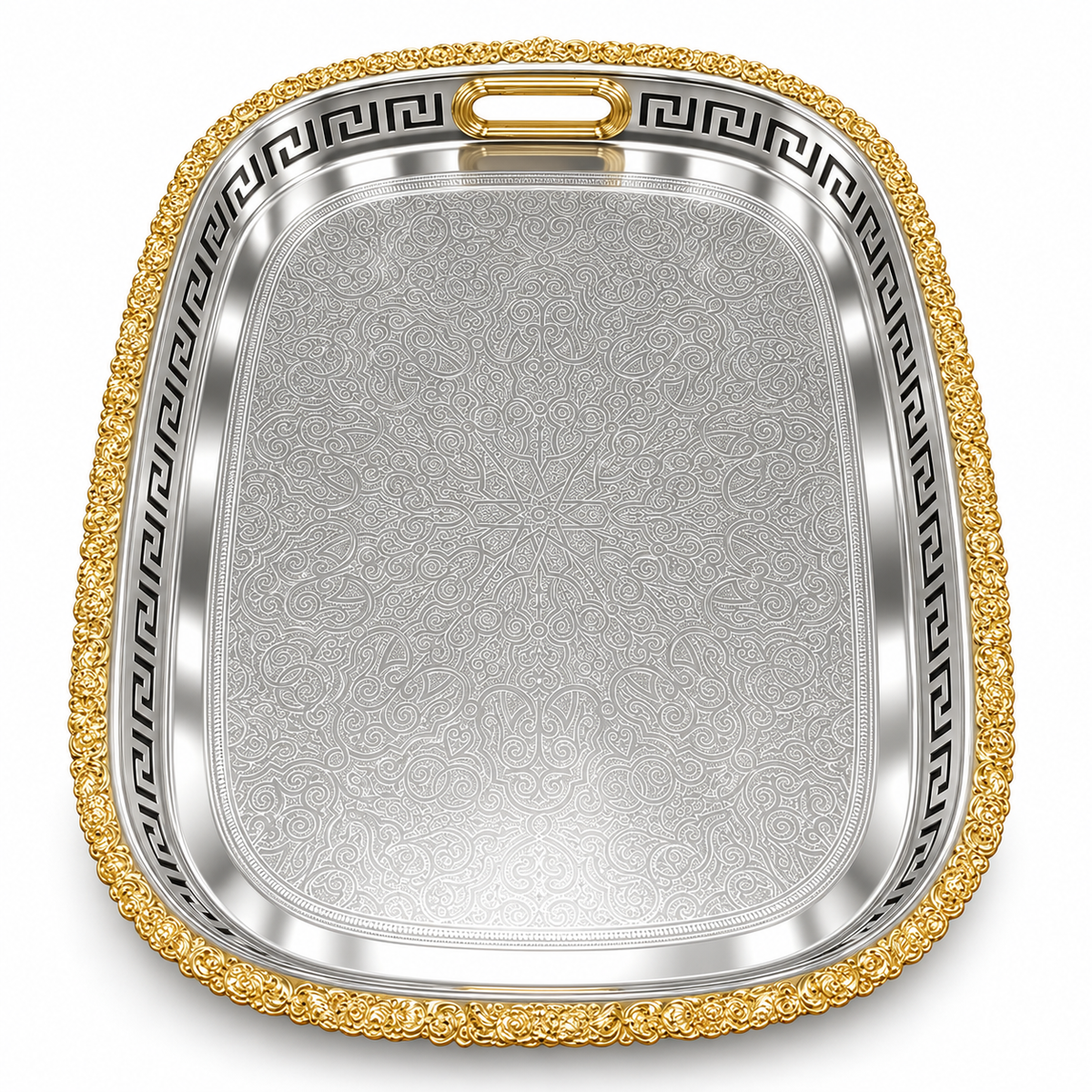 Zilverkleurig dienblad met gouden sierrand 34 x 45 cm