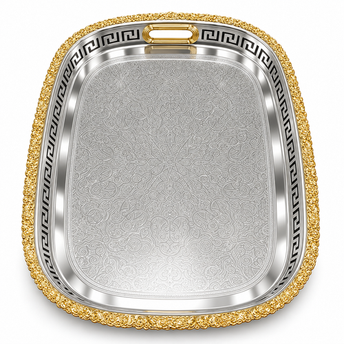 Zilverkleurig dienblad met gouden sierrand 34 x 45 cm