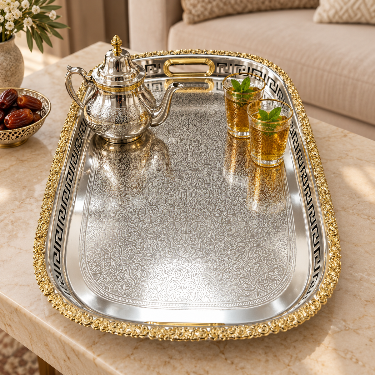 Dienblad zilver met gouden sierrand en theeservies