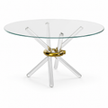 Ronde glazen eettafel met transparante acrylpoten en gouden middenring