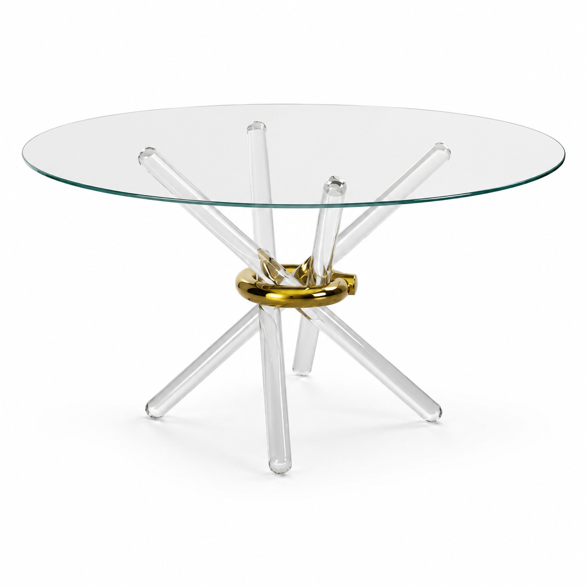 Ronde glazen eettafel met transparante acrylpoten en gouden middenring
