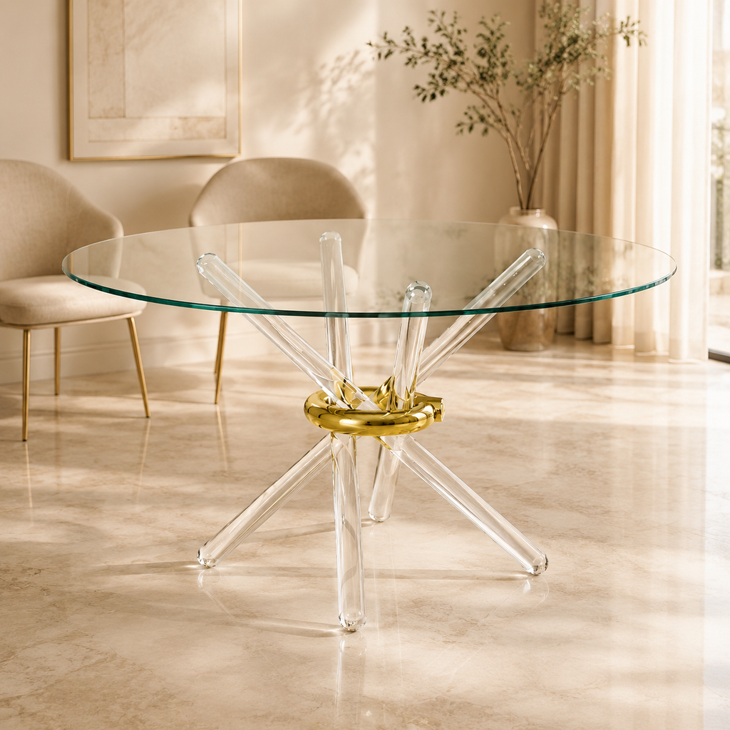 Ronde glazen eettafel met acrylpoten in een luxe eetkamer
