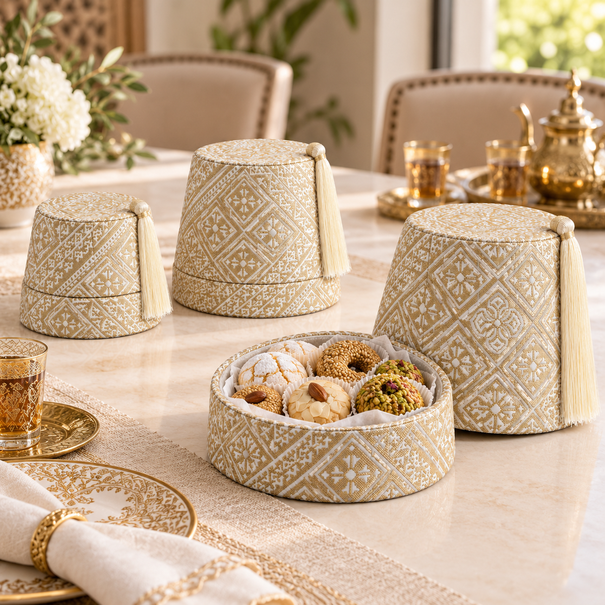 Driedelige feshoedset crème-goud – sfeer