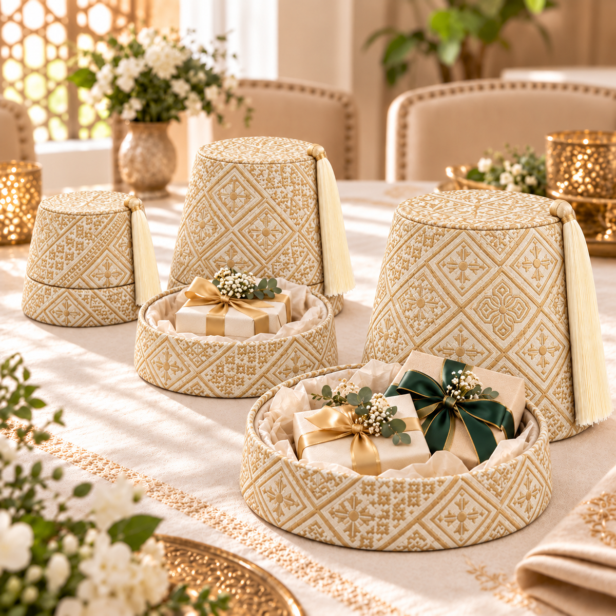 Crème-gouden feshoedset met ingepakte cadeautjes en zijdepapier