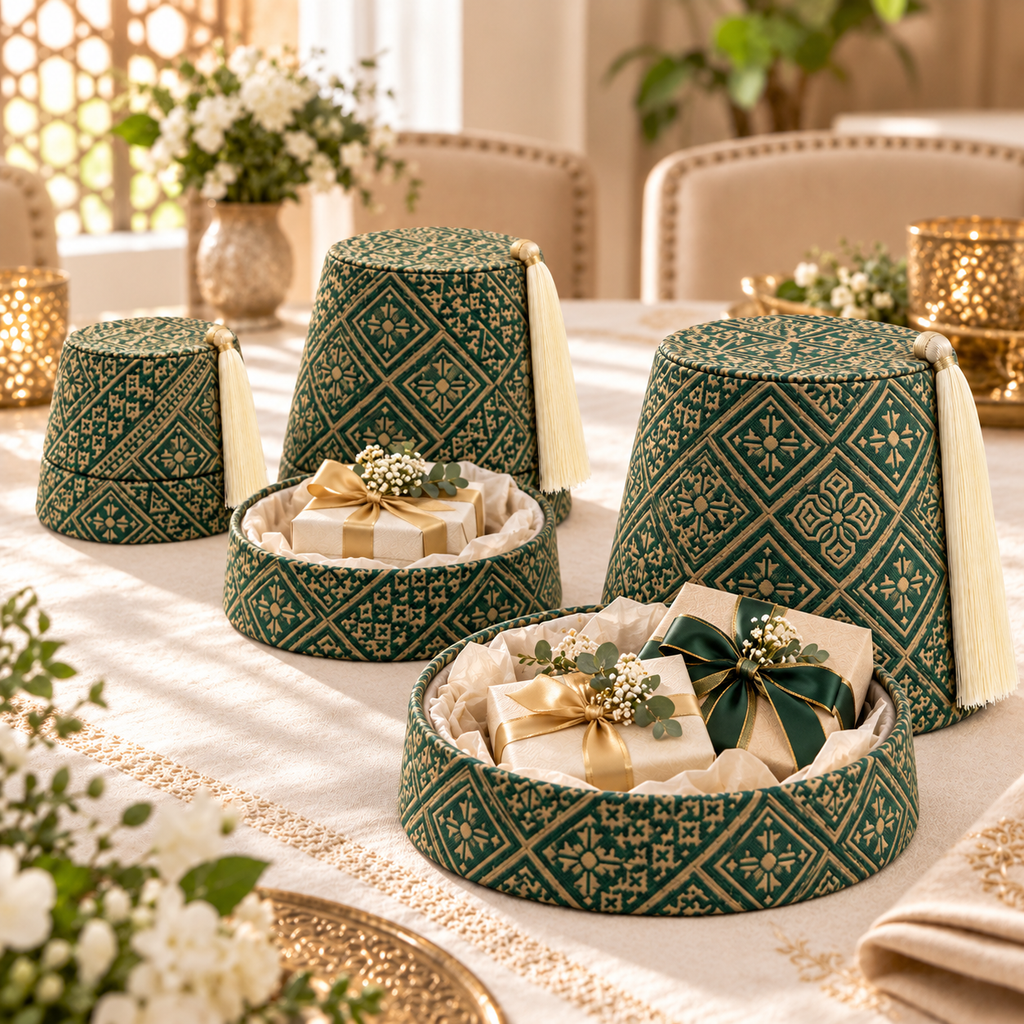 Groen-gouden feshoedset met ingepakte cadeautjes en zijdepapier