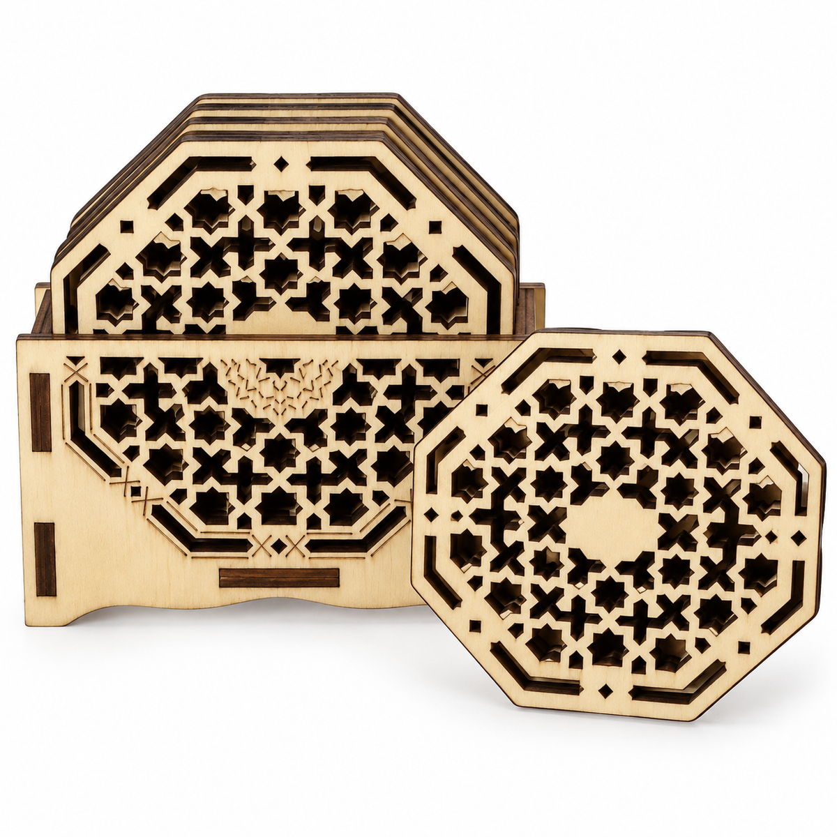 Set van zes geometrische houten glazenonderzetters met houder