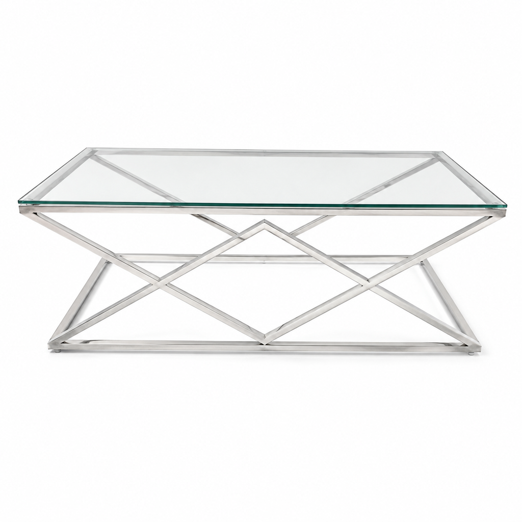 Glazen salontafel met zilverkleurig ruitvormig frame