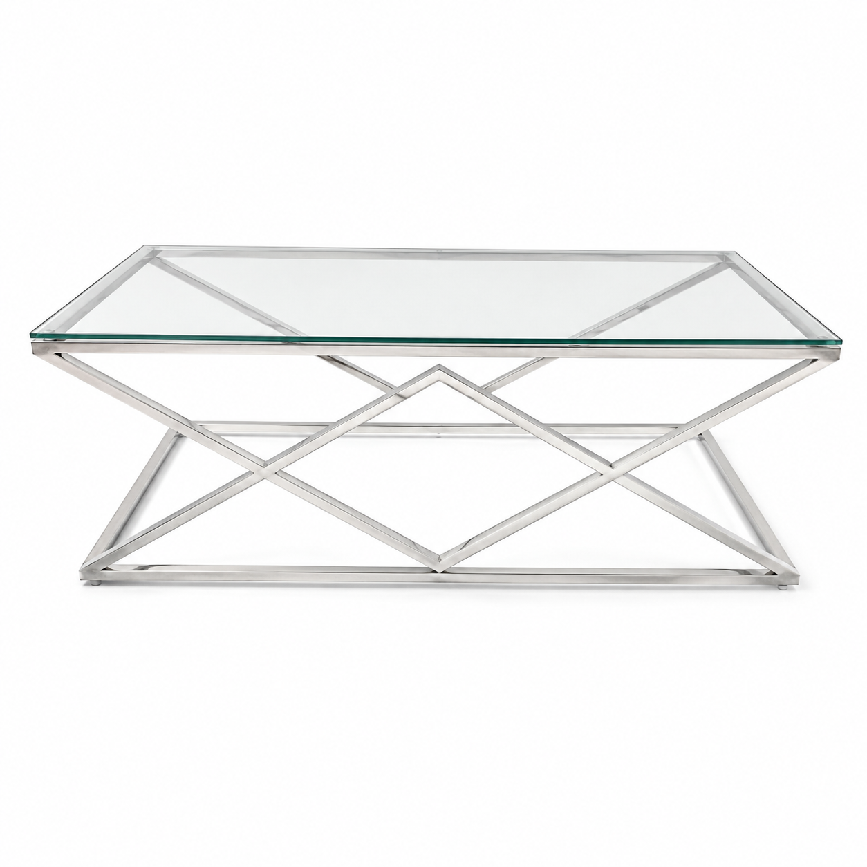 Glazen salontafel met zilverkleurig ruitvormig frame