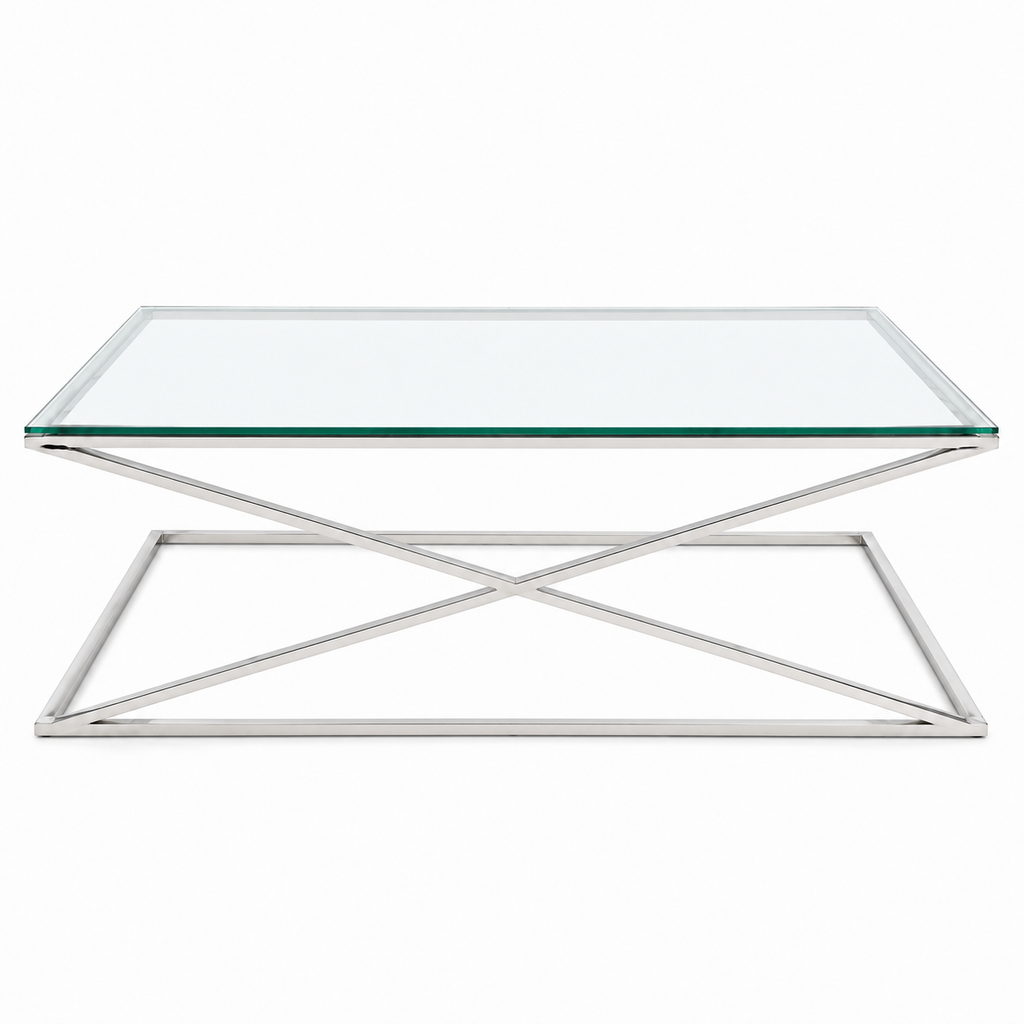 Glazen salontafel met zilverkleurig kruisframe