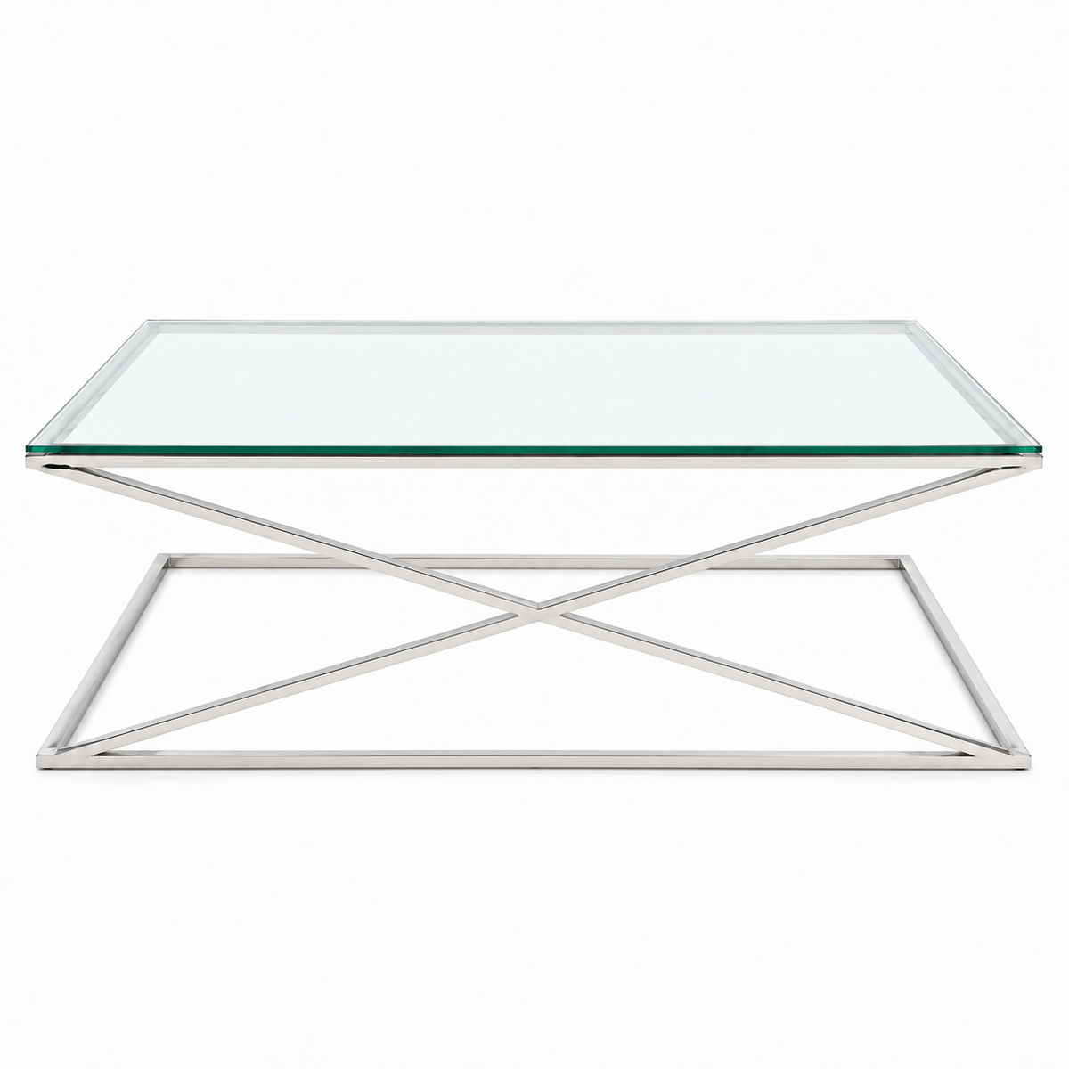 Glazen salontafel met zilverkleurig kruisframe