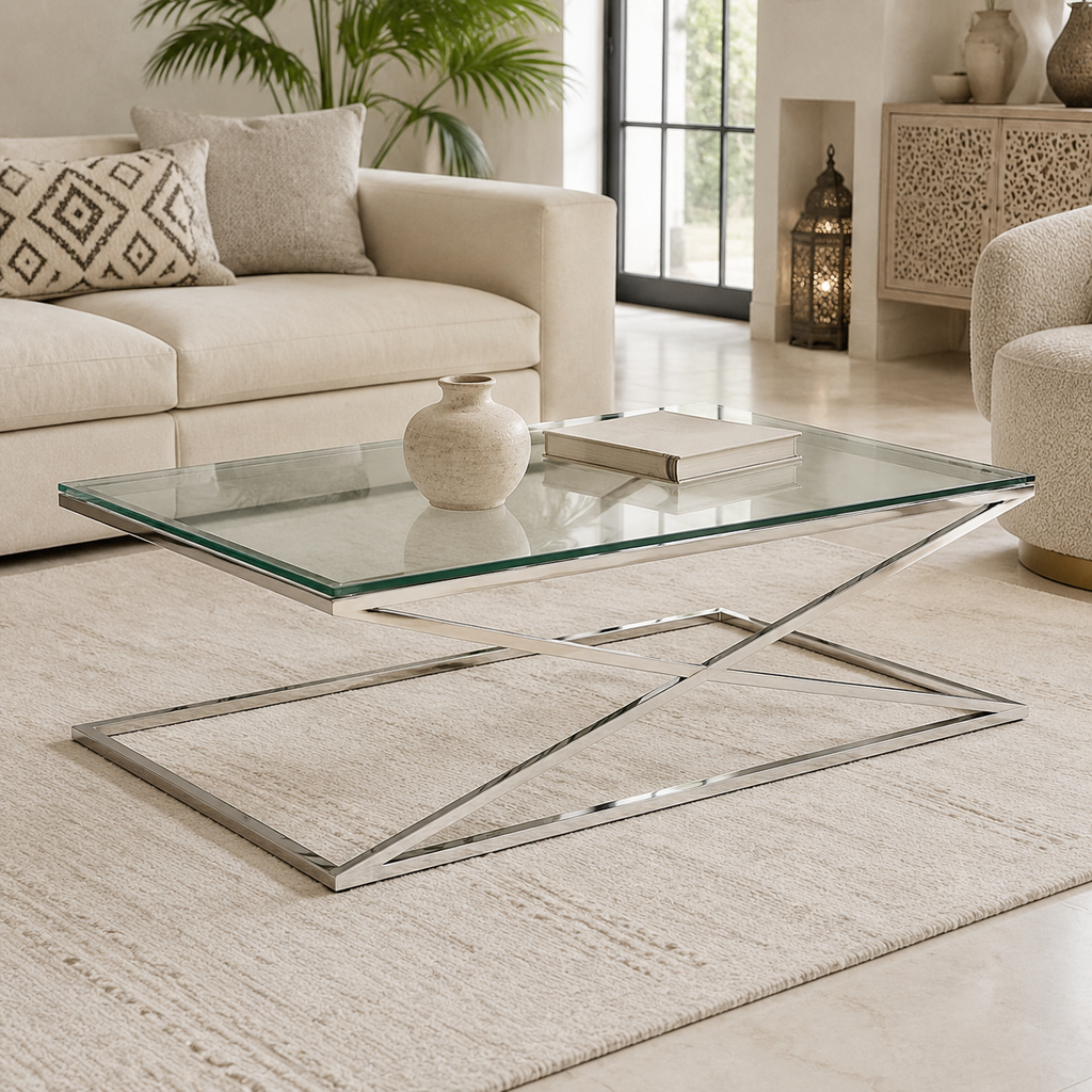 Glazen salontafel met zilverkleurig frame in een stijlvolle woonkamer