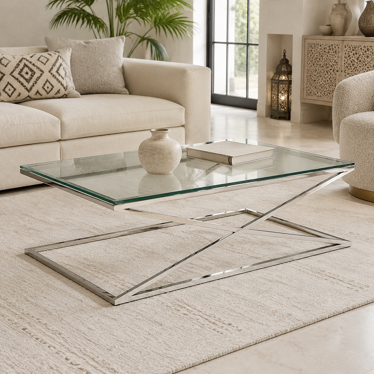 Glazen salontafel met zilverkleurig frame in een stijlvolle woonkamer