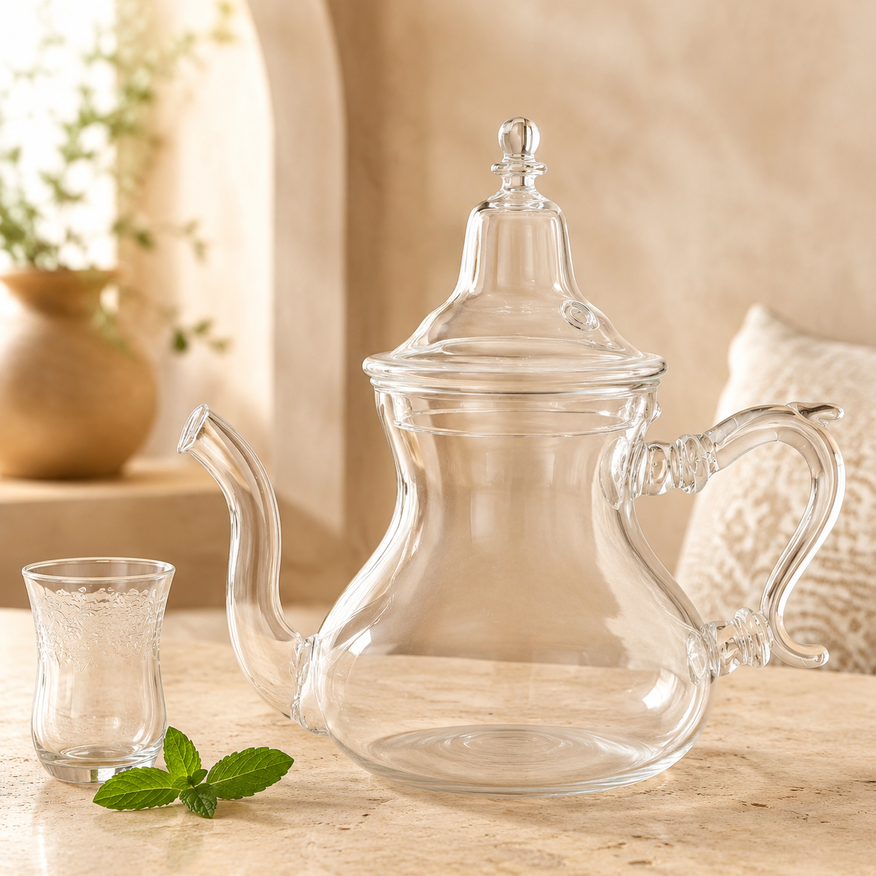 Glazen theepot van 1,7 liter in een luxe beige interieur