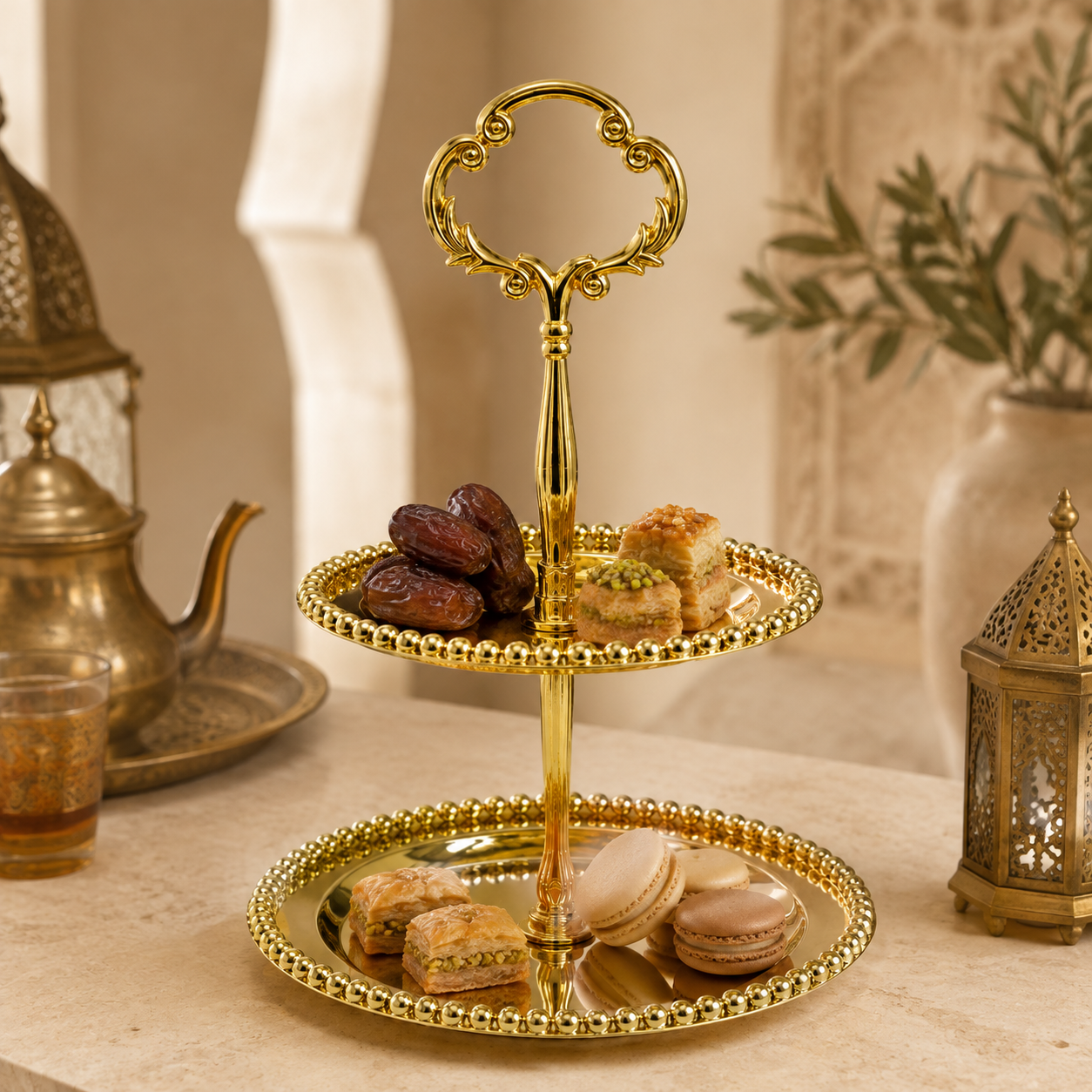 Gouden etagère met hapjes in luxe Marokkaanse sfeer