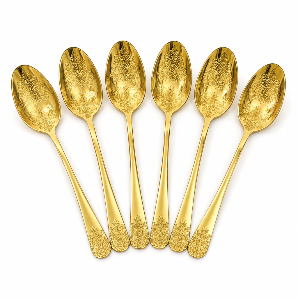 Set van zes lange gouden lepels met barok motief