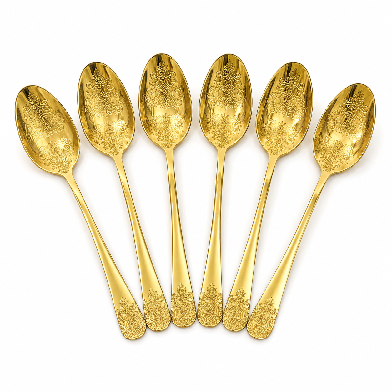 Set van zes lange gouden lepels met barok motief