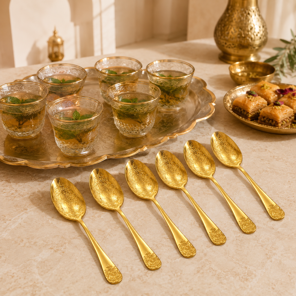 Zes lange gouden lepels in luxe theesfeer