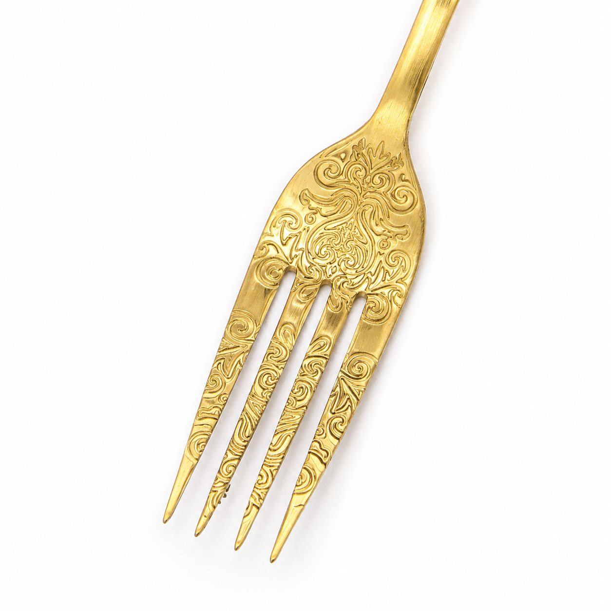 Detail van gouden vorkkop met vier tanden en barok motief