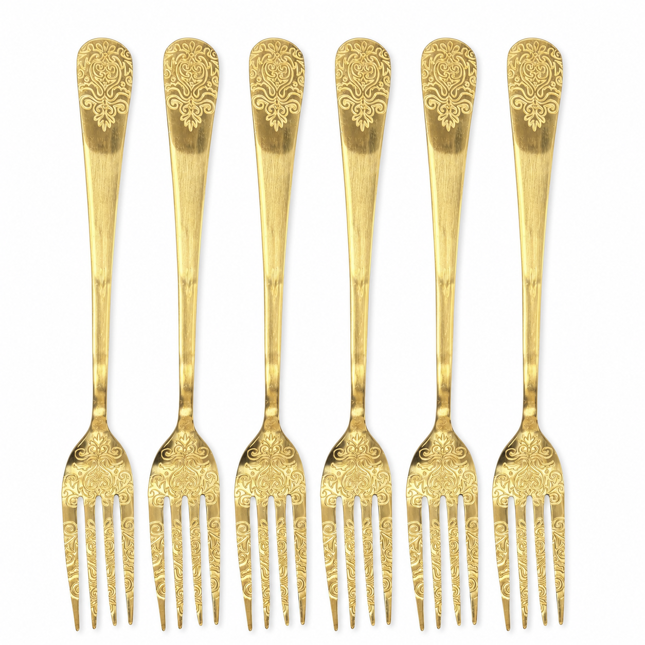Set van zes lange gouden vorken met barok motief