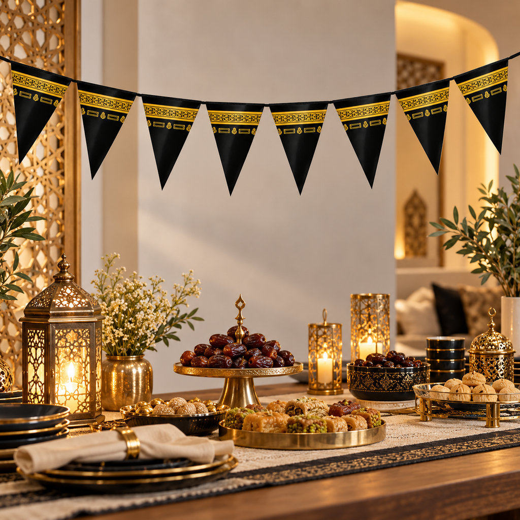 Hadj en Umrah puntvlaggenslinger boven een feestelijke tafel