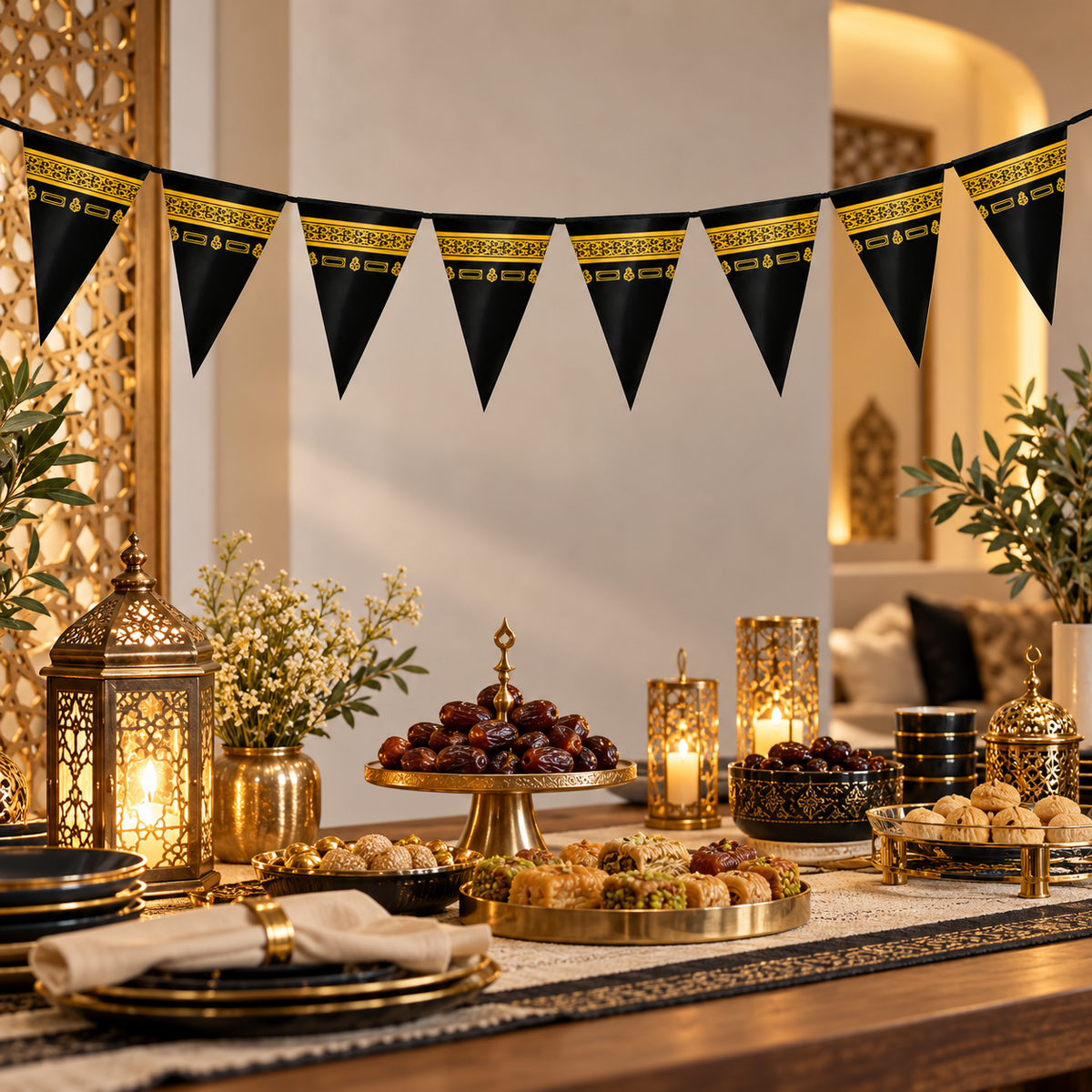 Hadj en Umrah puntvlaggenslinger boven een feestelijke tafel