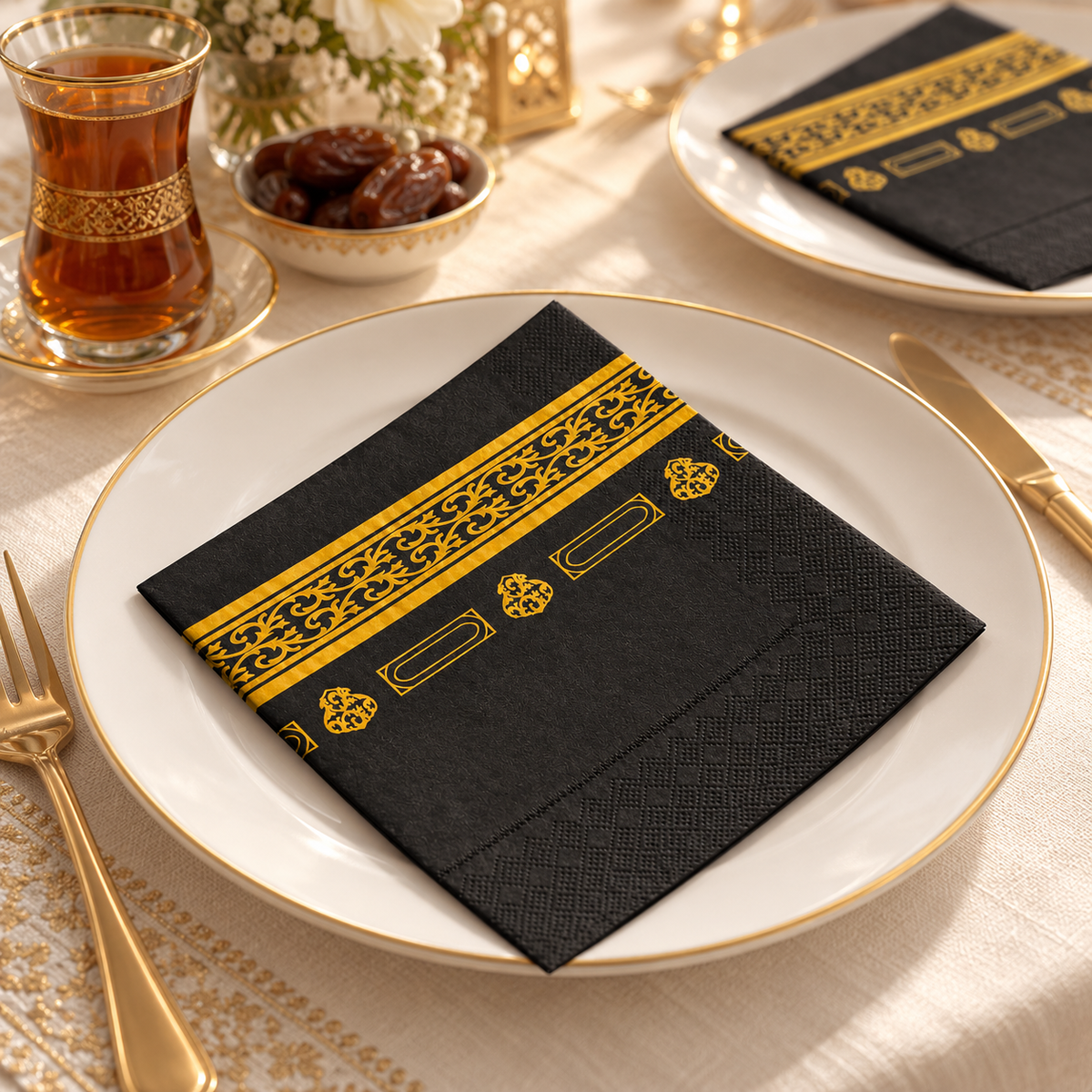 Zwarte Hadj en Umrah servetten op een feestelijk gedekte tafel