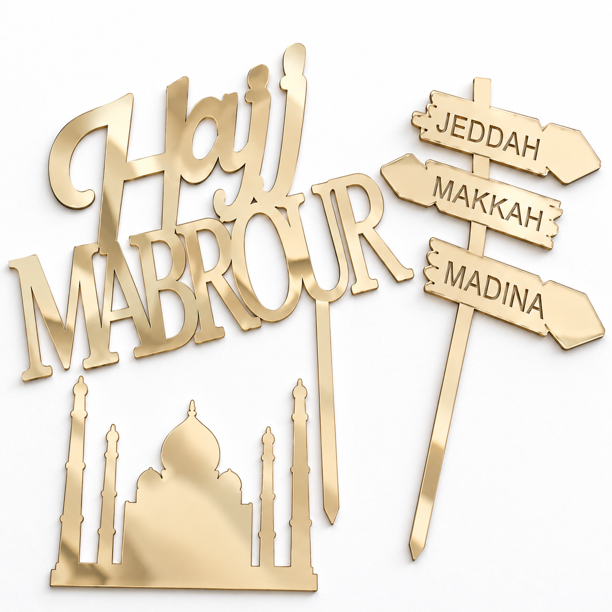 Detail van Hajj Mabrour tekst, wegwijzer en moskee met goudkleurige spiegelglans