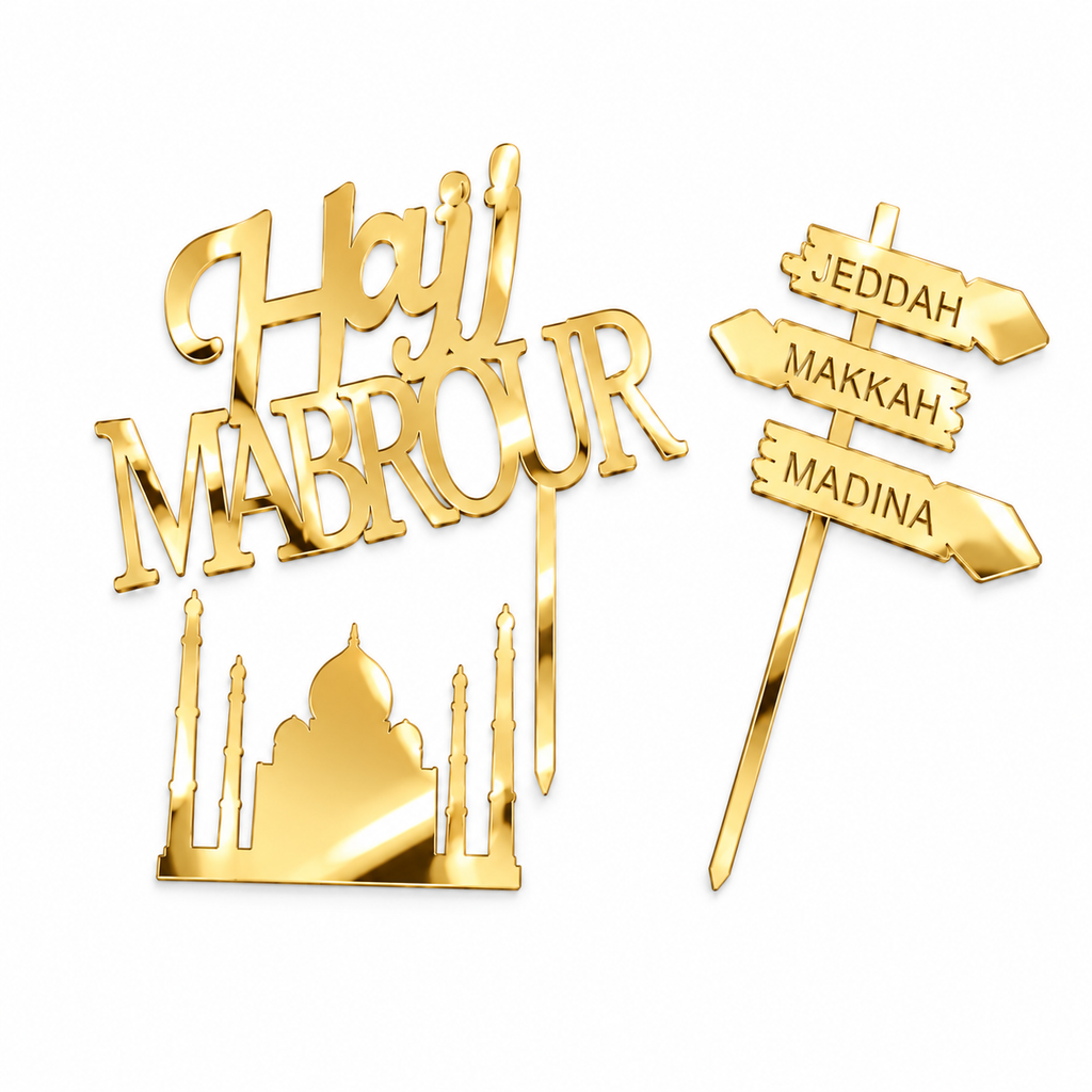 Driedelige Hajj Mabrour taartdecoratieset met goudkleurige spiegelglans