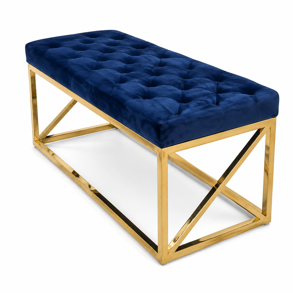 Luxe donkerblauw fluwelen halbankje met goudkleurig frame