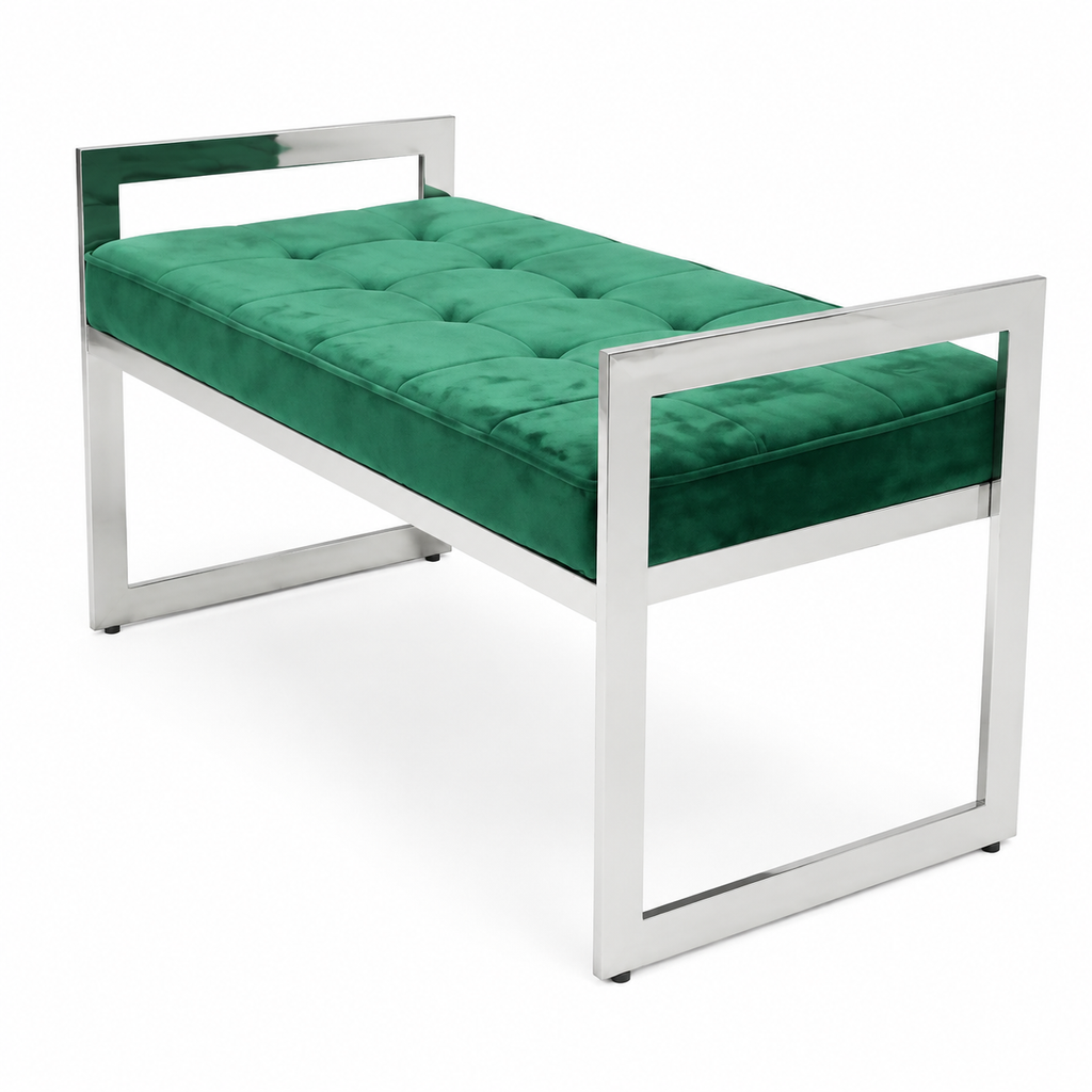 Groen fluwelen halbankje met zilverkleurig frame