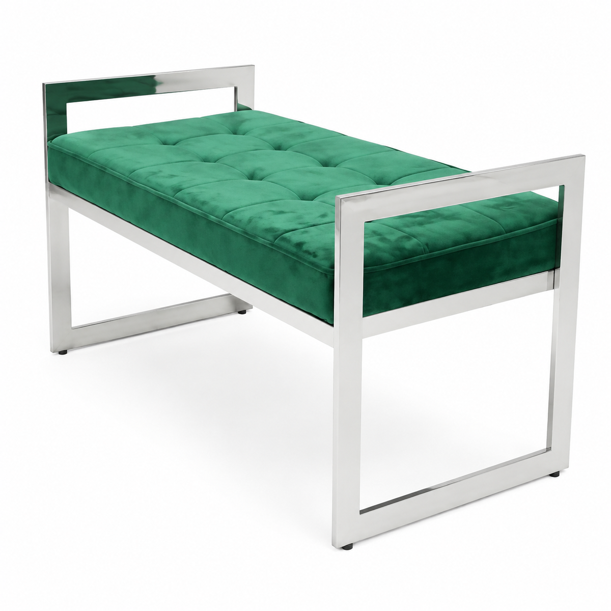 Groen fluwelen halbankje met zilverkleurig frame