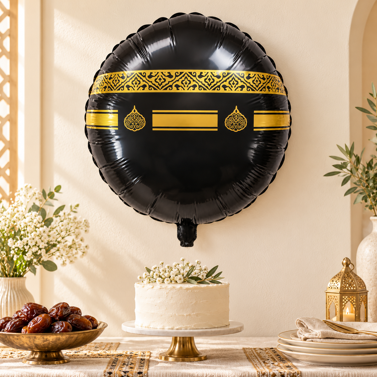 Ronde Kaäba folieballon bij een feestelijke welkomsttafel