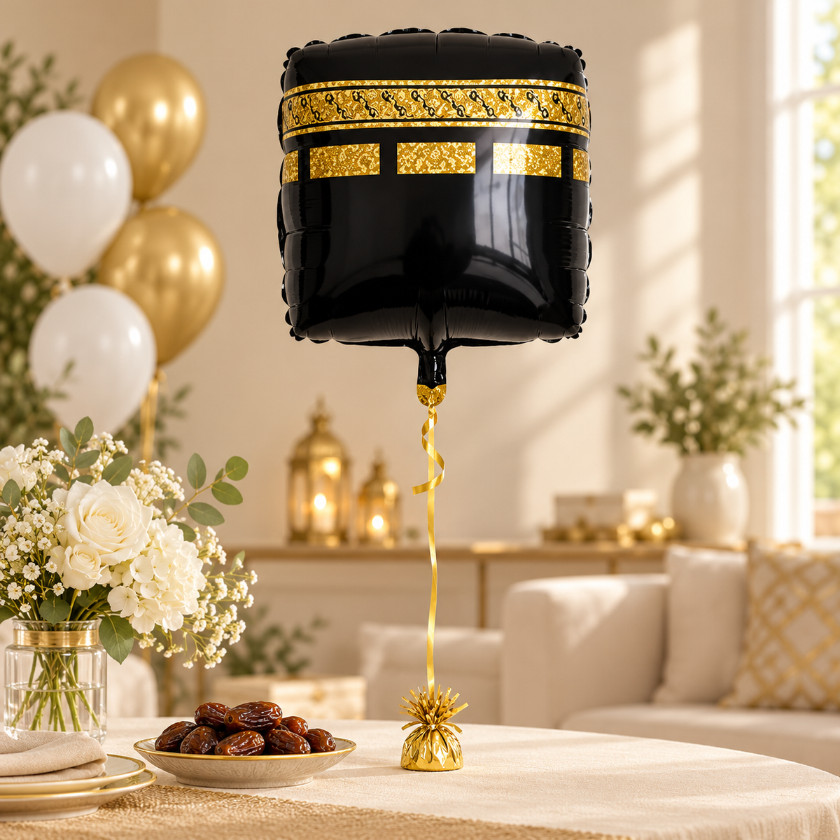 Kaäba folieballon in een feestelijke setting voor umrah of hadj
