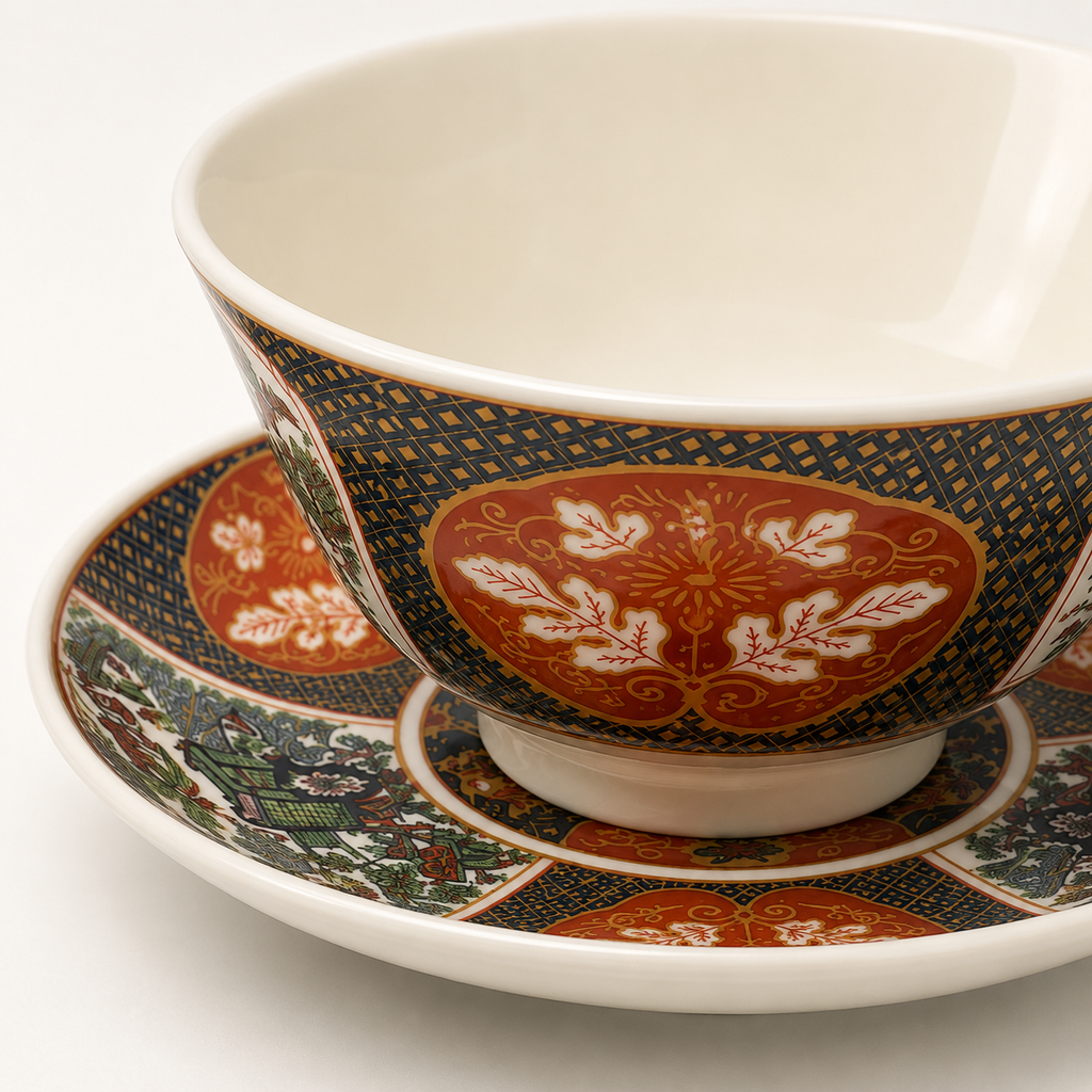 Detail van het rode, donkerblauwe en goudkleurige patroon