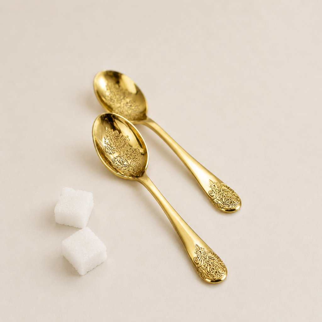Detail van het sierlijke motief op kleine gouden theelepels