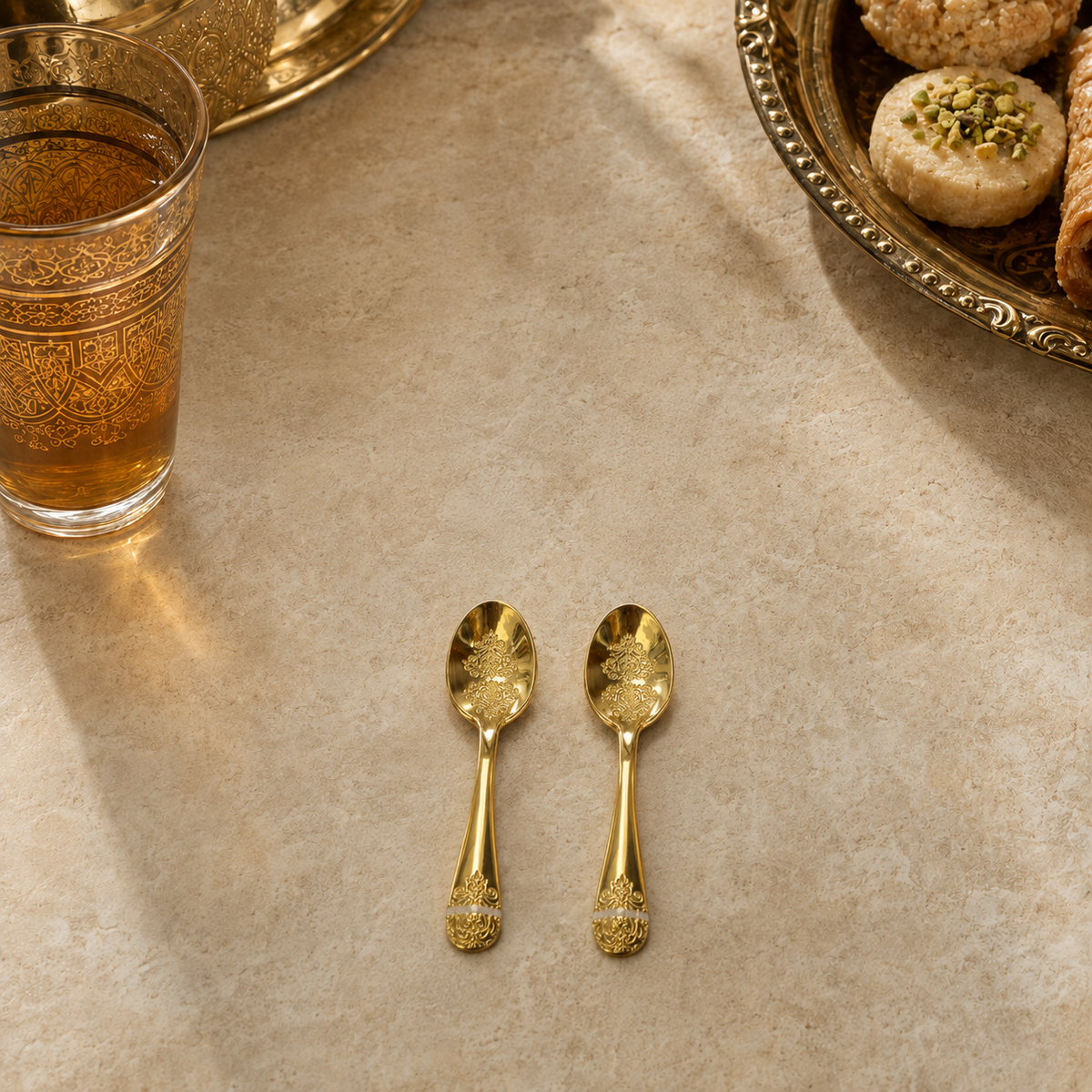 Kleine gouden theelepels in een Marokkaanse theesfeer