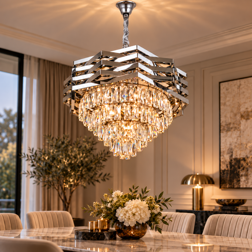 Kristallen hanglamp chroom in luxe eetkamer