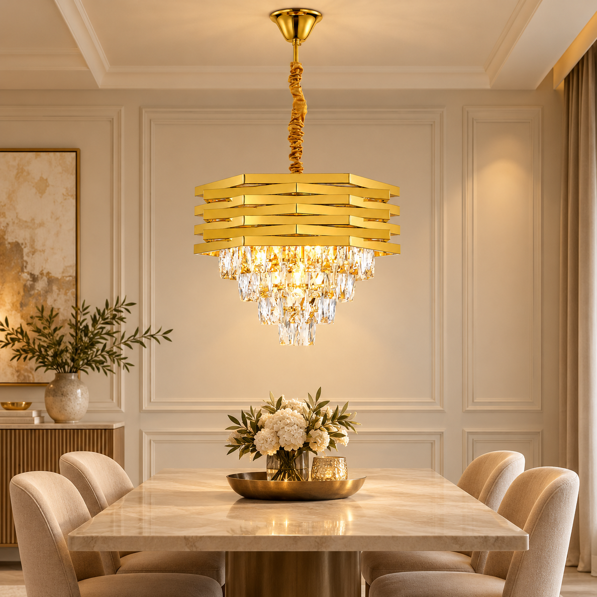 Kristallen hanglamp goud in luxe eetkamer