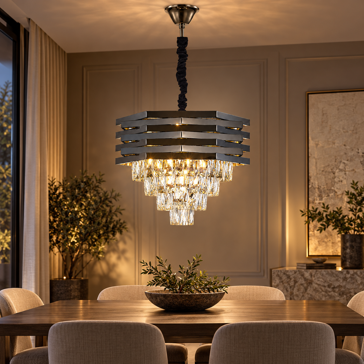 Kristallen hanglamp smoke in luxe eetkamer