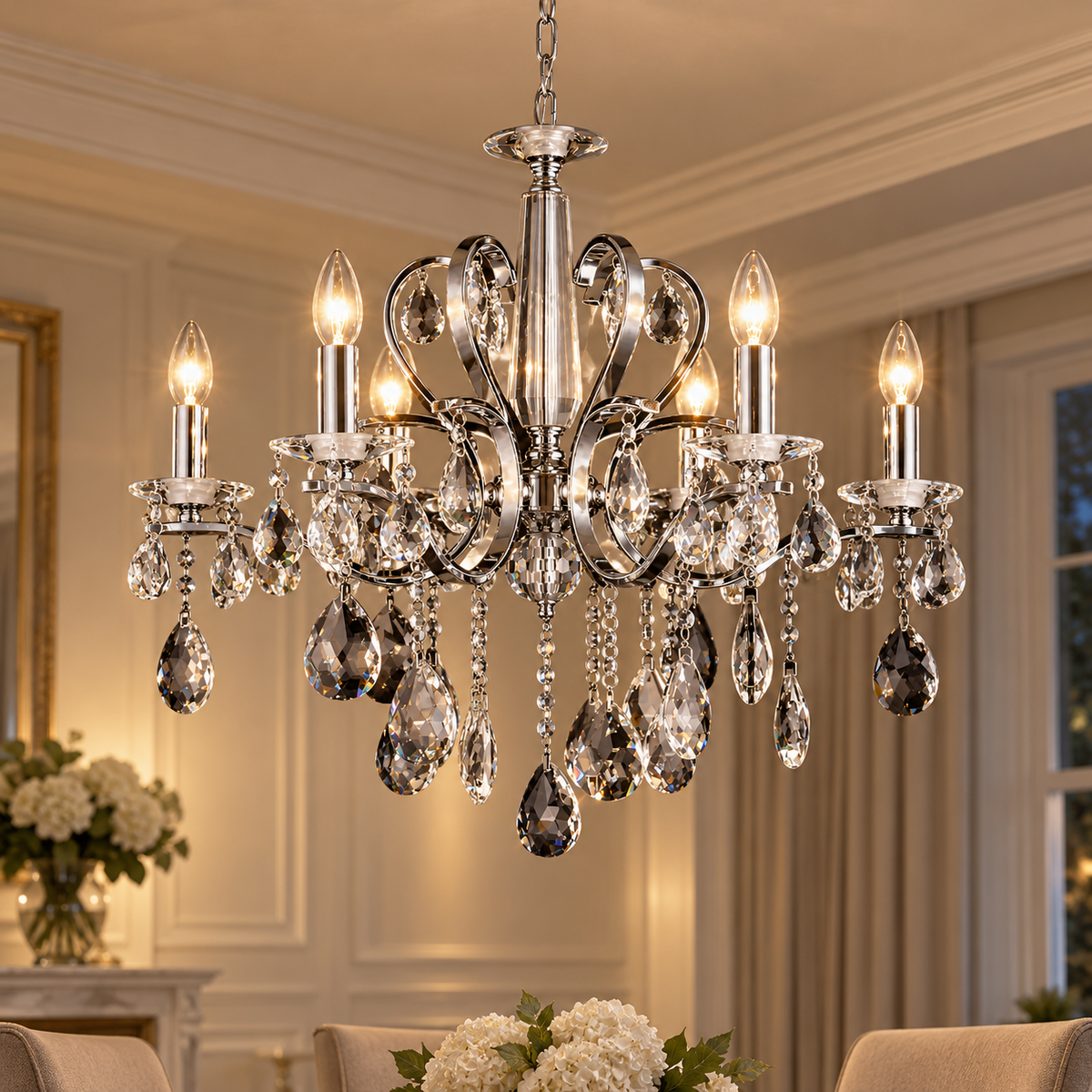 Chromen kristallen kroonluchter in een luxe interieur