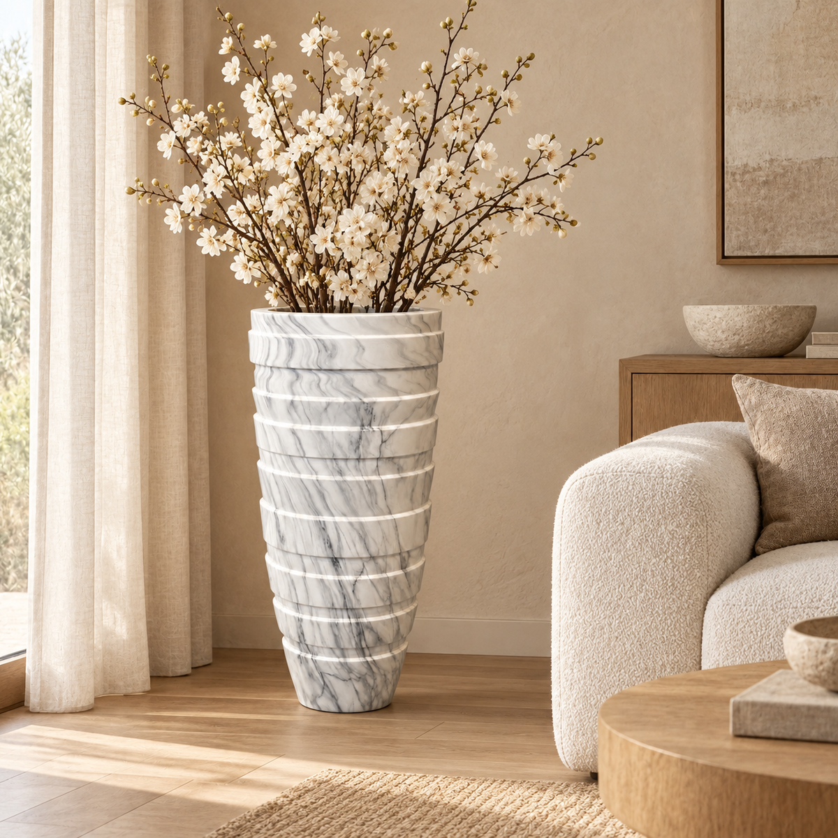 Grote marmerlook vloervaas met bloesemtakken in een Japandi interieur