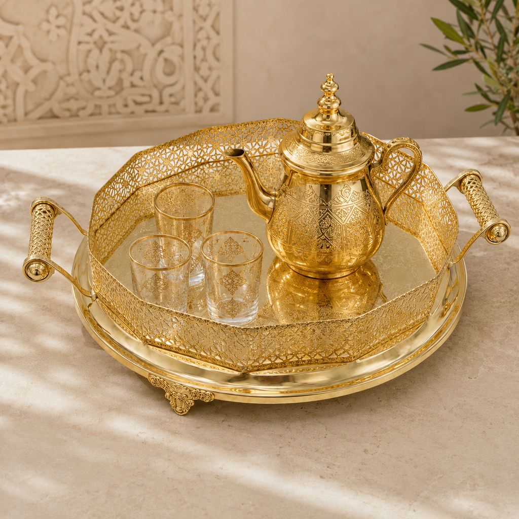 Gouden Marokkaans dienblad met theepot en theeglazen