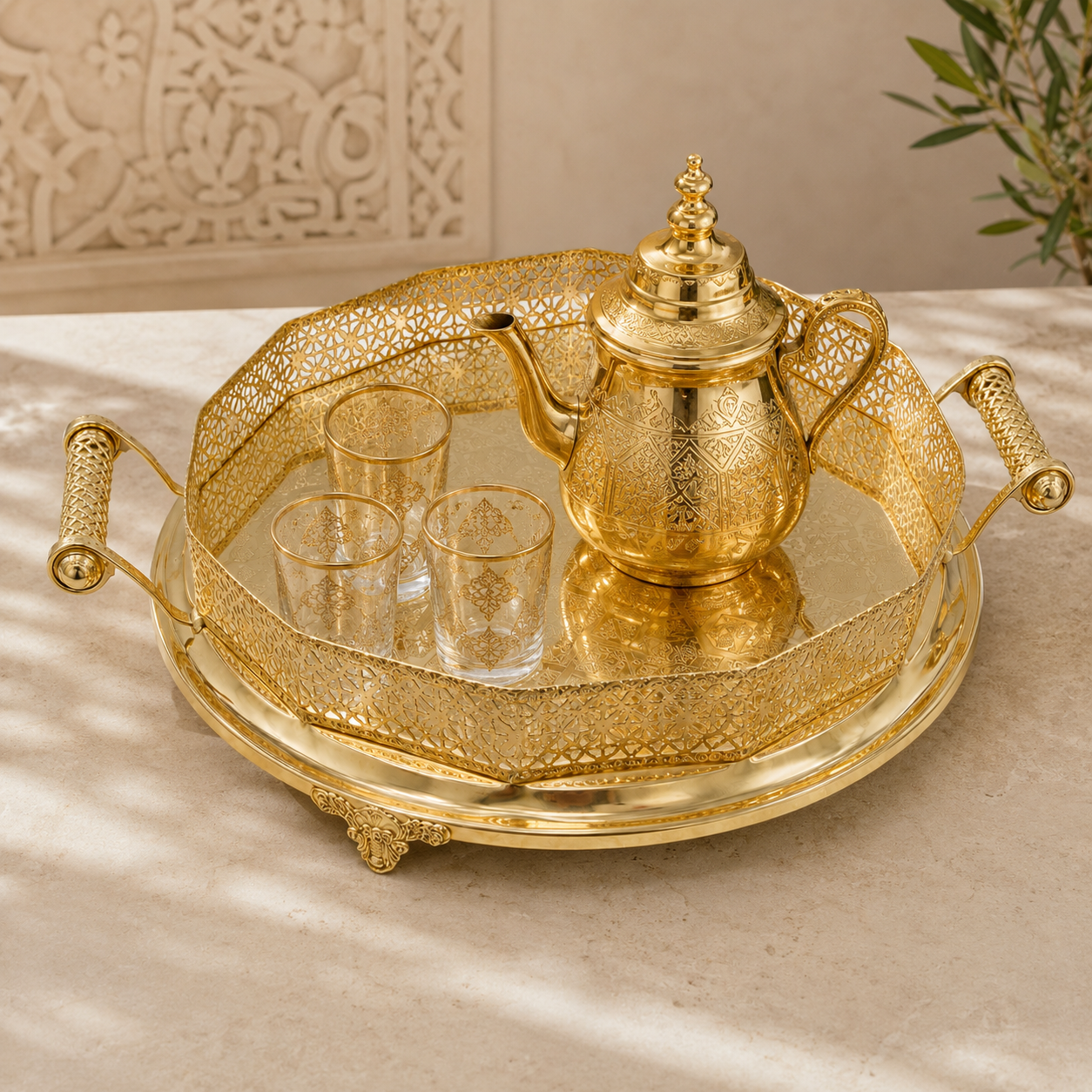 Gouden Marokkaans dienblad met theepot en theeglazen