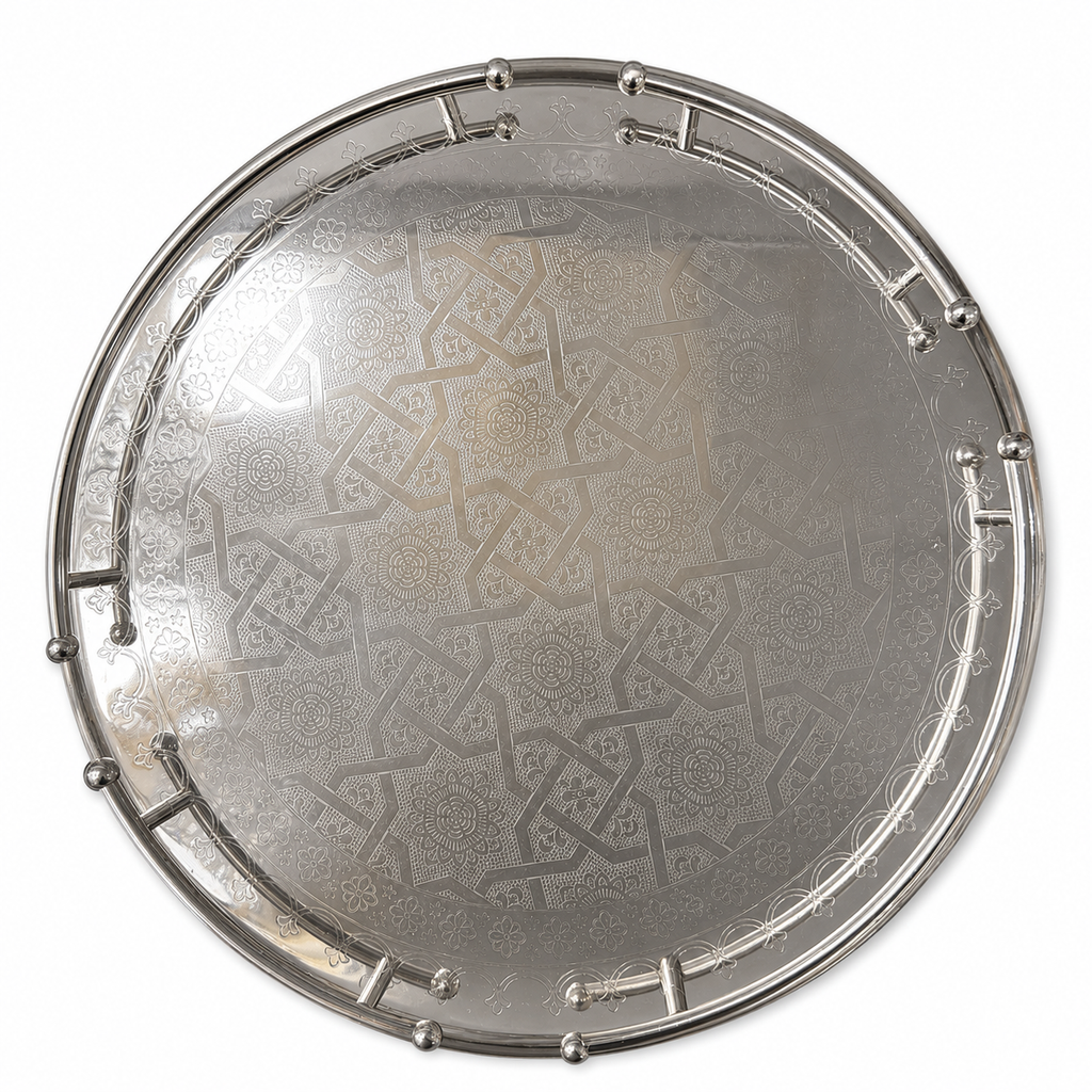 Rond Marokkaans dienblad in zilver met gegraveerd patroon