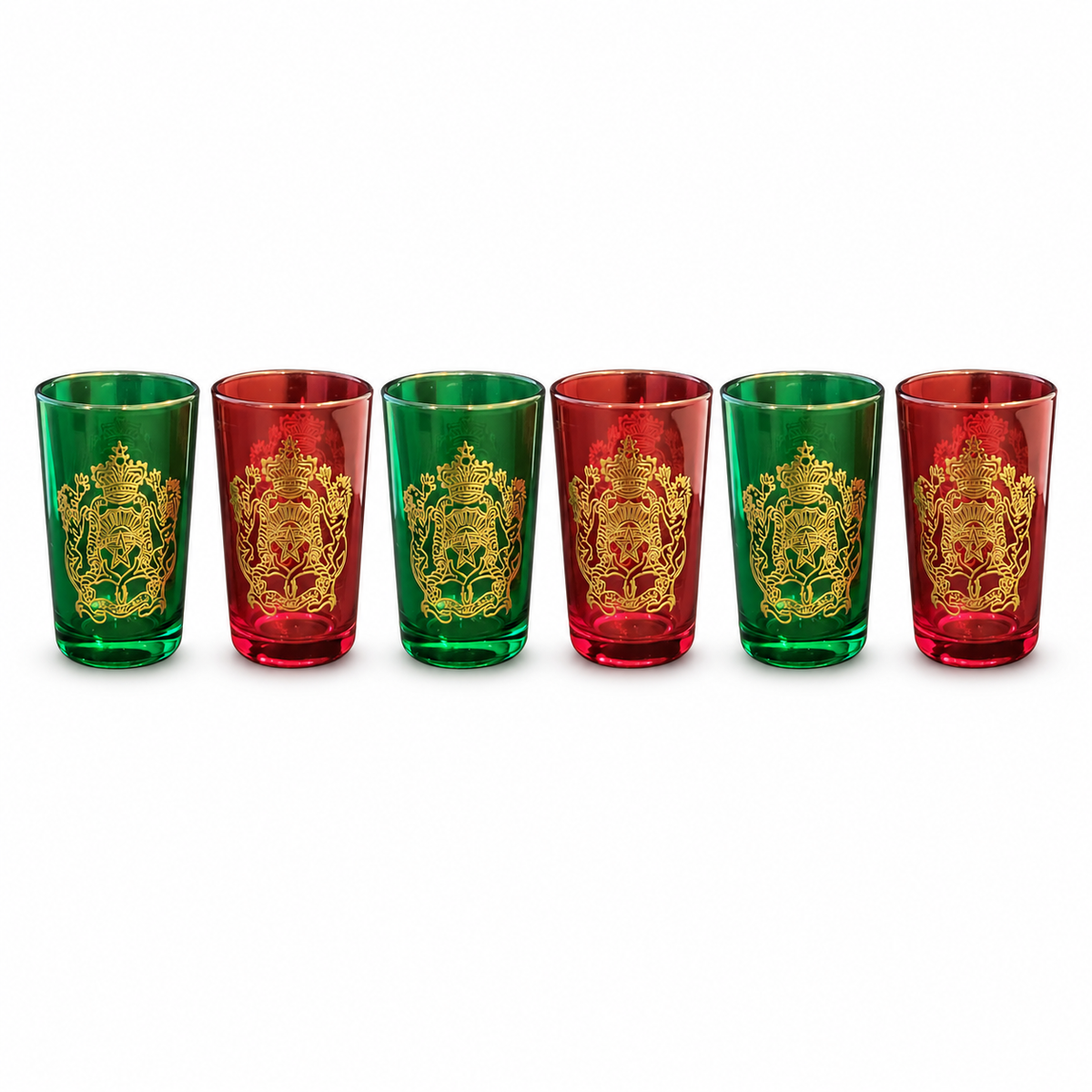 Set van 6 Marokkaanse theeglazen – 3 rood en 3 groen met goudkleurig embleem