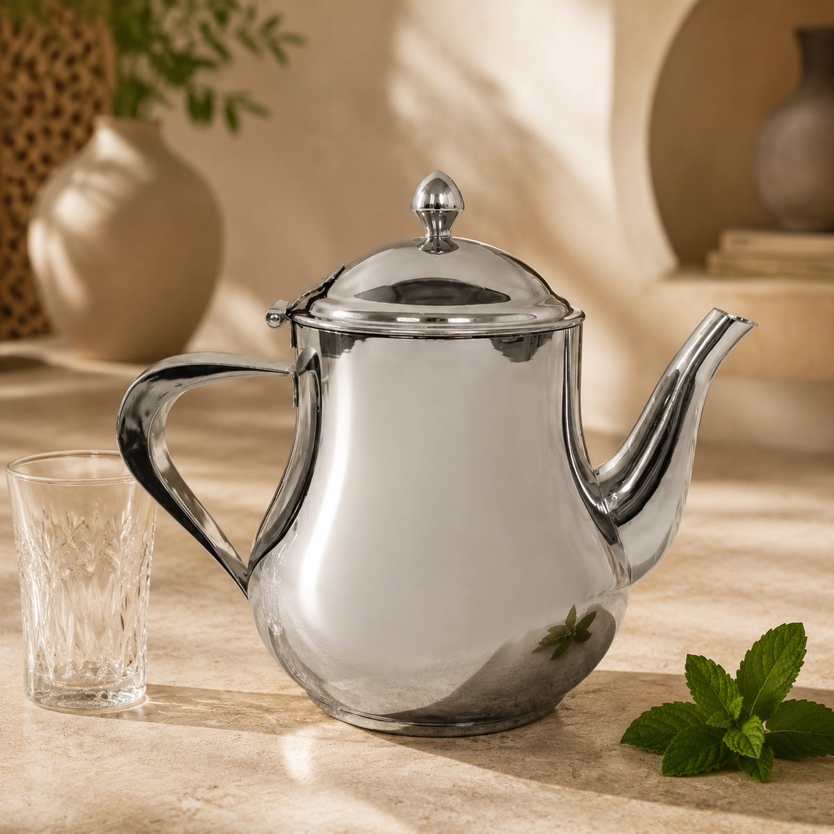 Marokkaanse theepot Nador in een luxe beige interieur
