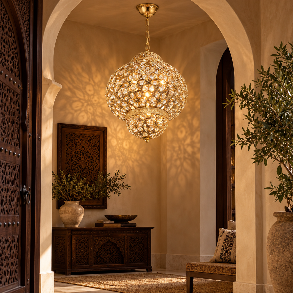 Oosterse lamp Djerba goud in een stijlvol interieur