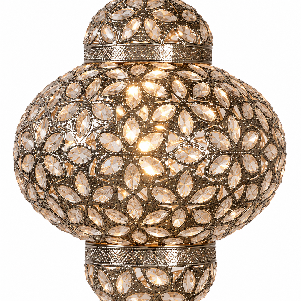 Detail van Oosterse lamp Djerba zilver met kristallen